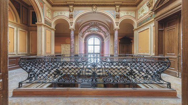 Classical architecture of an interior with ornate railings and marble floor, Villa Woodstock, Lost