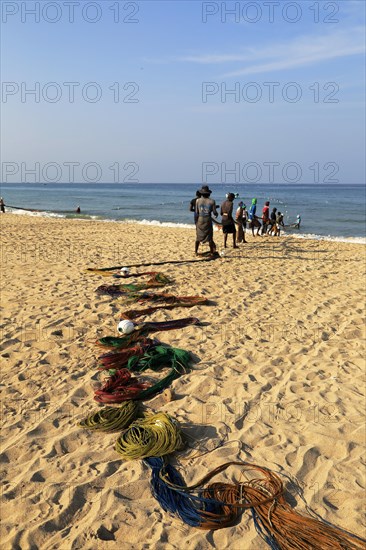 Traditional fishing hauling nets Nilavelli beach, near Trincomalee, Eastern province, Sri Lanka,