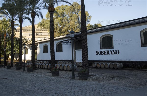 Soberano brandy cognac brand sign on building, Gonzalez Byass bodega, Jerez de la Frontera, Cadiz