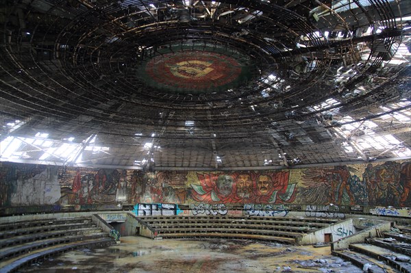 Ruined vandalised interior of Buzludzha monument former communist party headquarters, Bulgaria,