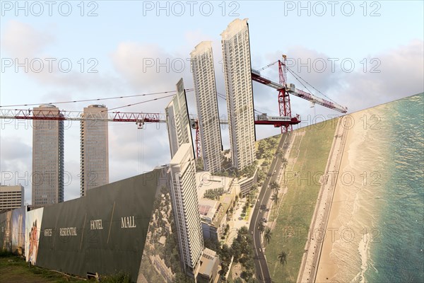 Construction site building activity image with cranes neat Twin Towers of World Trade Centre,