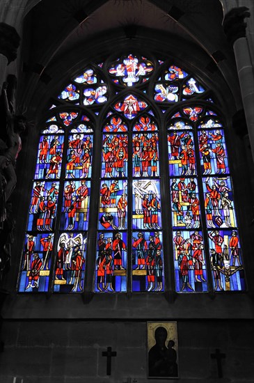 Church windows with Christian motifs, Heilig-Kreuz-Muenster, start of construction around 1315,