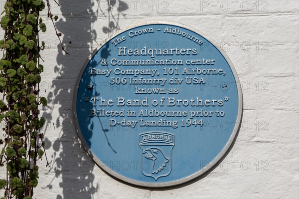Blue plaque Easy Company, Band of Brothers, 101 Airborne, USA army, Aldbourne, Wiltshire, England,