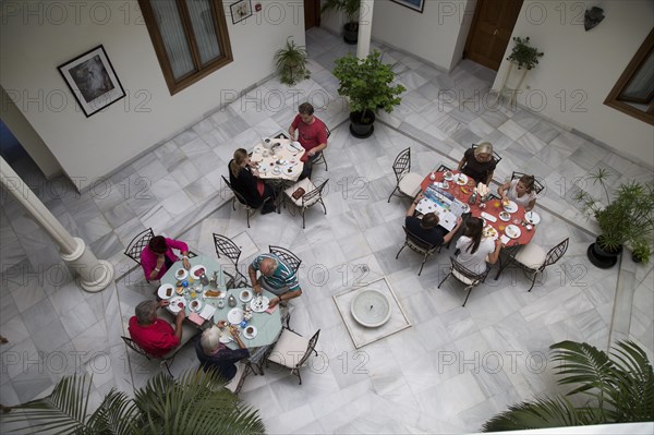 Historic building interior, Hotel Casa Grande, Jerez de la Frontera, Spain looking down courtyard
