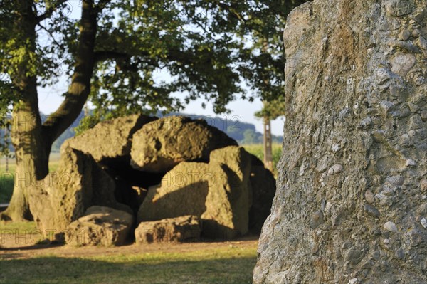 Megalithic Grand Dolmen de Weris and menhir made of conglomerate rock, Belgian Ardennes,