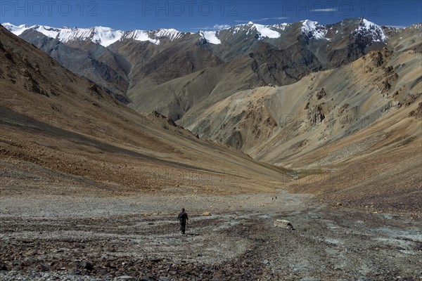 Looking down from Zherin La, a mountain pass in the remote part of the Zanskar Region, towards the