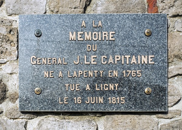 Commemorative plaque for general Jacques Lecapitaine, killed during the 1815 Battle of Ligny,