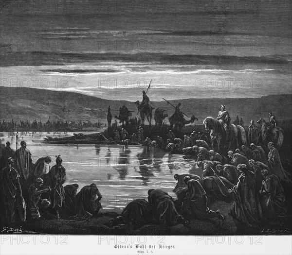 Gideon's choice of warriors, Book of Judges, chapter 5, waterhole, brook, many people, army, drink,