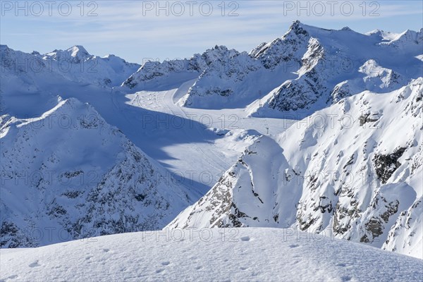 View from the mountain station of the Tiefenbach cable car of the Tiefenbach glacier across to the
