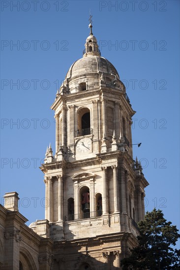 Bell tower Baroque architecture exterior of the cathedral church of Malaga city, Spain, Santa