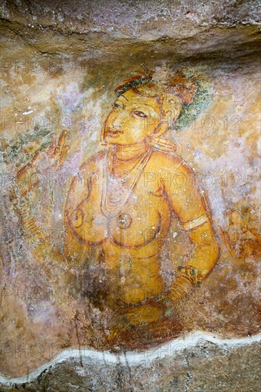 Rock painting frescoes of maidens in the palace fortress, Sigiriya, Central Province, Sri Lanka,