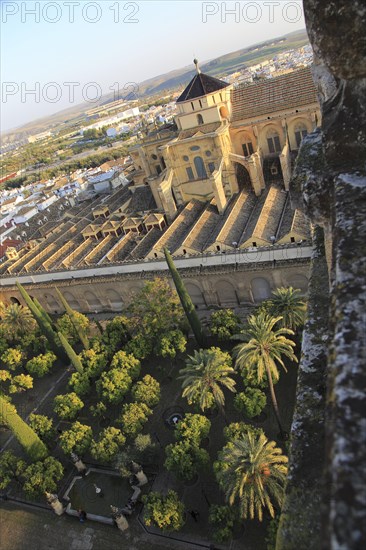 Raised angle view of Great Mosque, Mezquita cathedral, former mosque building in central, Cordoba,
