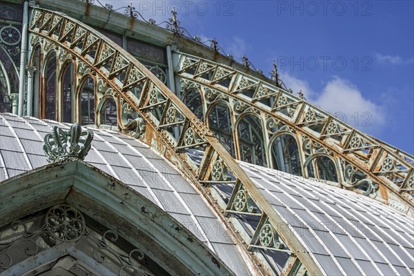 Detail of decorated wrought-iron truss of the Royal Greenhouses of Laeken in Art Nouveau style,