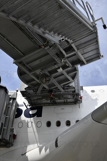 Lufthansa Airbus A380-800 with docked passenger boarding bridges at check-in position, Munich