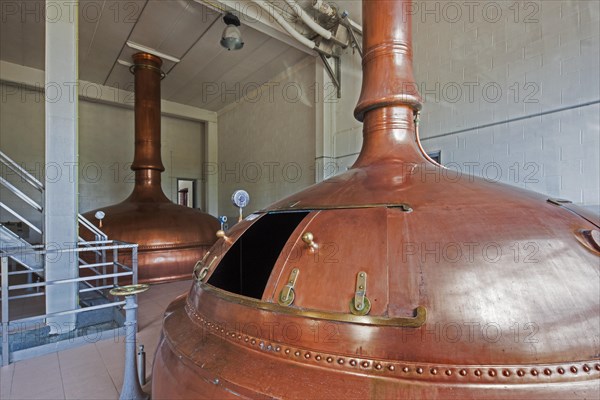 Copper brew kettles at Brouwerij Lindemans, Belgian brewery at Vlezenbeek, producer of geuze and