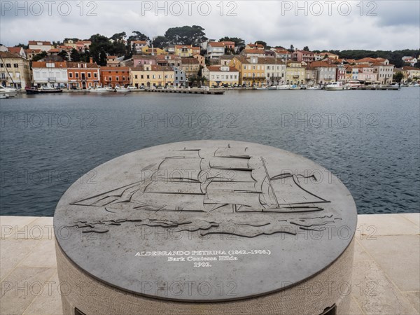 Relief of a sailing ship, memory of famous sailors, harbour of Mali Losinj, island of Losinj,