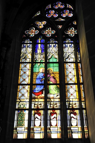 Church windows with Christian motifs, Heilig-Kreuz-Muenster, start of construction around 1315,