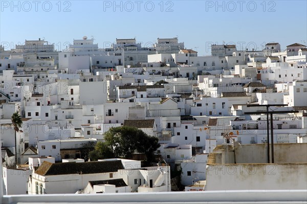 Pueblo blanco historic village whitewashed houses on hillside, Vejer de la Frontera, Cadiz