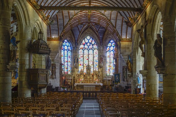 Nave, main altar and choir of the church of Saint Germain, Enclos Paroissial de Pleyben enclosed