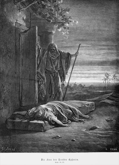 The woman of the Levite Ephraim, Book of Judges, chapter 19, building, open door, man, staff,