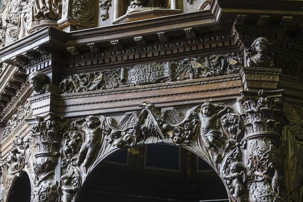 Renaissance-style carved canopy of the baptismal font, Enclos Paroissial enclosed parish of
