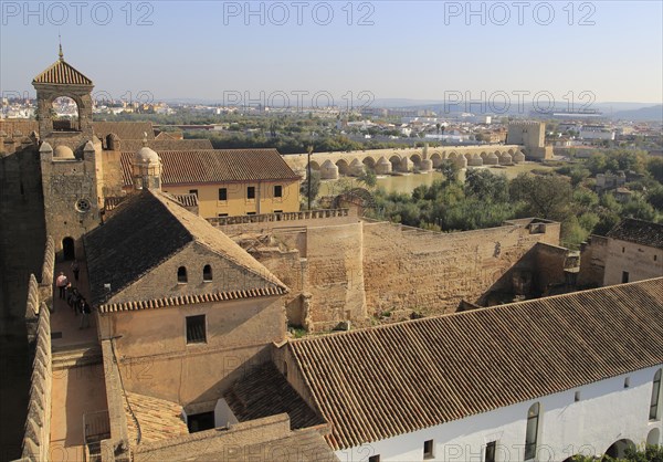 View to Roman bridge and river Rio Guadalquivir from Alcazar, Cordoba, Spain, Alcazar de los Reyes