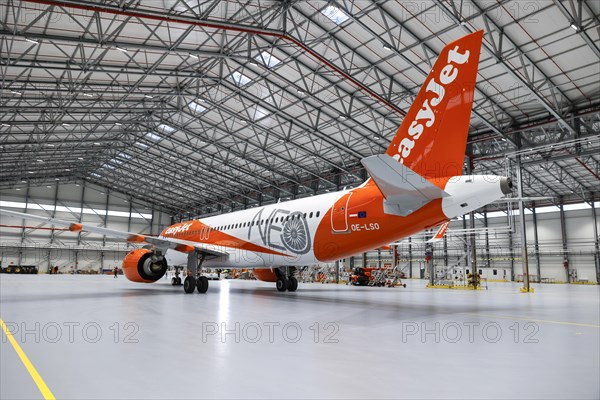 An easyJet Airbus A320 neo stands in the newly opened easyJet maintenance hangar. The entire
