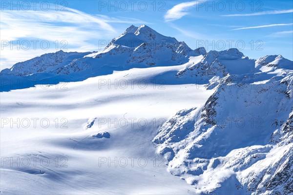 View from the Mutkogel mountain station of the Tiefenbach glacier to the Wildspitze, Austria's