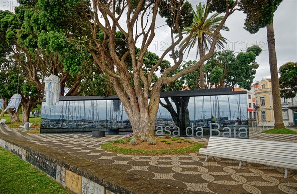 Modern glass building opposite historic houses in a green park, Horta, Faial Island, Azores,