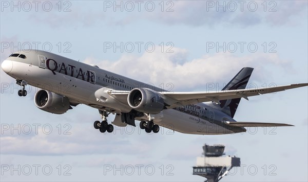 A Boeing 787-9 Dreamliner operated by Qatar Airways takes off from BER Berlin Brandenburg Airport
