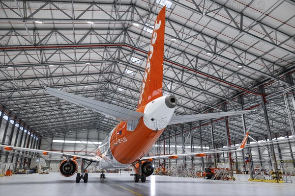 An easyJet Airbus A320 neo stands in the newly opened easyJet maintenance hangar. The entire