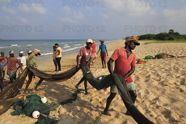 Traditional fishing hauling nets Nilavelli beach, near Trincomalee, Eastern province, Sri Lanka,