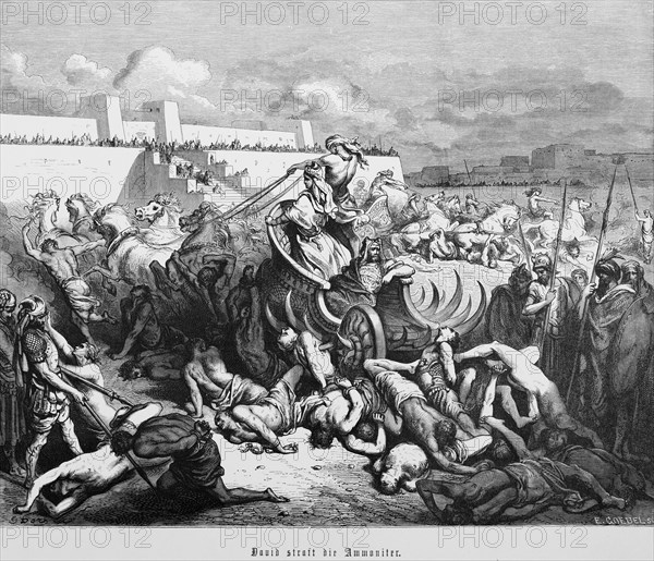David punishes the Ammonites, 2nd Book of Samuel, chapter 12, capital Rabbah, city wall, army,