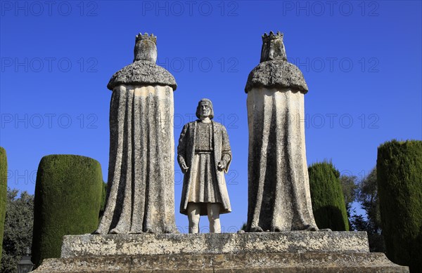 Columbus, King Ferdando and Queen Isabel statues in garden of Alcazar, Cordoba, Spain, Alcazar de