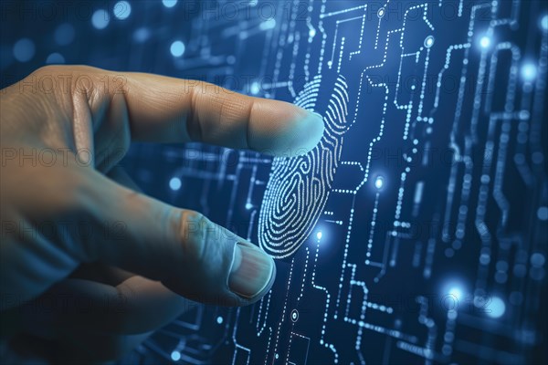 A finger touches a digital fingerprint sensor embedded in a circuit, biometric authentication,