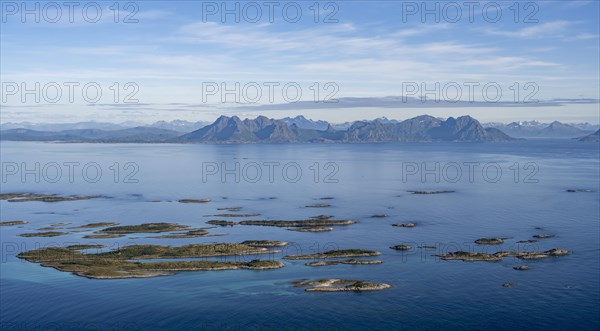 View of Vestfjorden with archipelago islands from Svellingsflaket and mountains, from