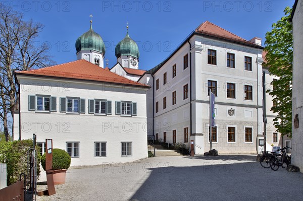 Seeon Monastery, restaurant, guest house and onion domes of St Lambert's Monastery Church, dream