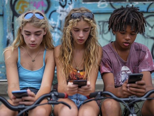 Several young people look bored at their cell phones, neglect social contacts, sport, reading, AI