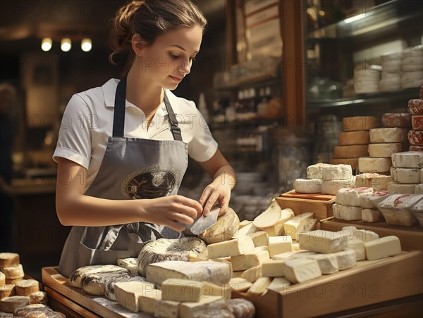 Young woman shopping in supermarket, at the cheese counter, meat counter, fruit stand, bakery, fish