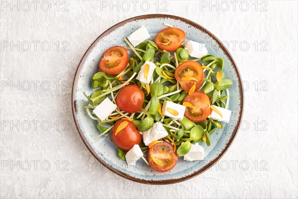 Vegetarian vegetables salad of tomatoes, marigold petals, microgreen sprouts, feta cheese on gray