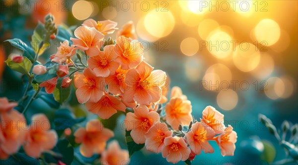 Vivid orange campsis summer jazz blossoms highlighted by warm light and a bokeh effect, AI