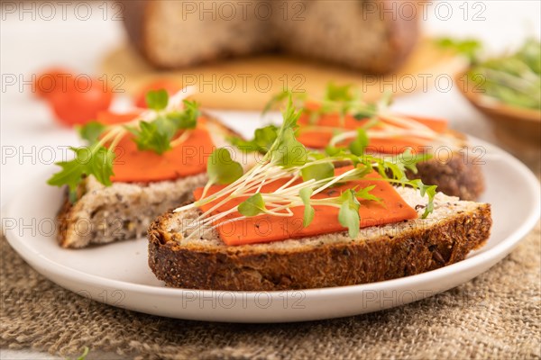 Grain bread sandwiches with red tomato cheese and mizuna cabbage microgreen on gray concrete