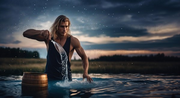 Young man Aquarius according to the zodiac sign with blond hair and blue eyes against the