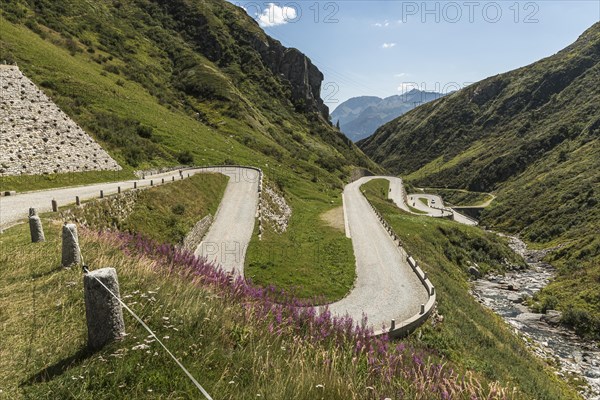 Gotthard Pass, view of the old pass road in Val Tremola, alpine mountain road with numerous hairpin