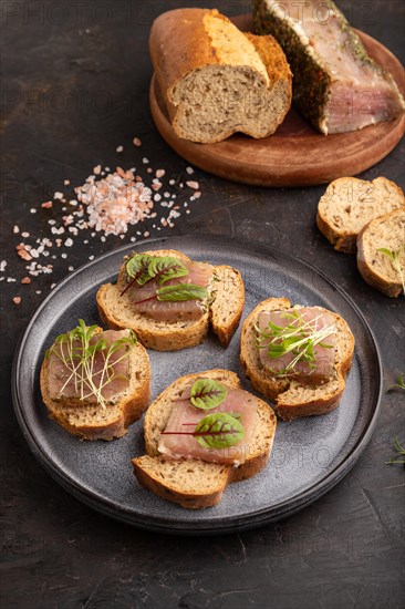 Bread sandwiches with jerky salted meat, sorrel and cilantro microgreen on black concrete
