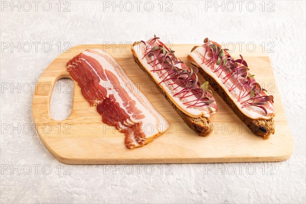 Bread sandwiches with jerky salted meat and lard with beet microgreen on gray concrete background.