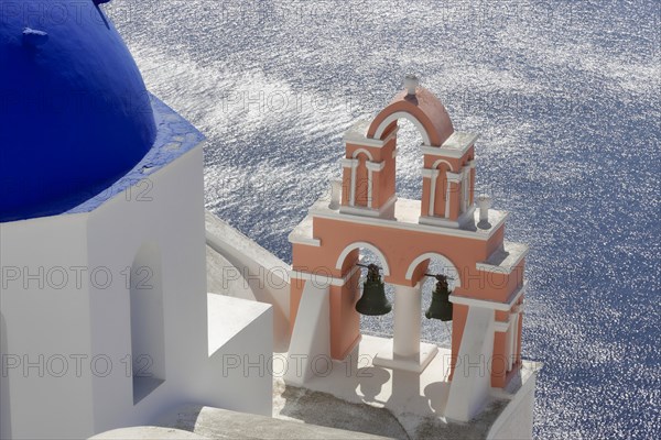 Santorini, Oia, blue domes, churches Agios Spyridon Agios Anastasis from above, Cyclades, Greece,