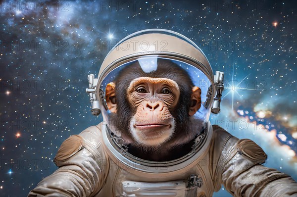 Science fiction, space travel, a chimpanzee in a spacesuit floating in space in front of a starry