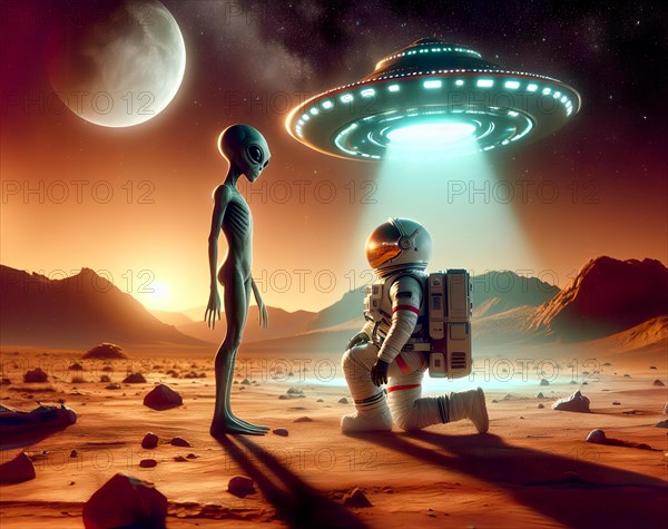 Science fiction, space travel, encounter of an extraterrestrial alien with a human on a foreign