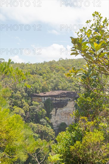 Cliff in Bako national park, sunny day, blue sky and sea. Vacation, travel, tropics concept, no